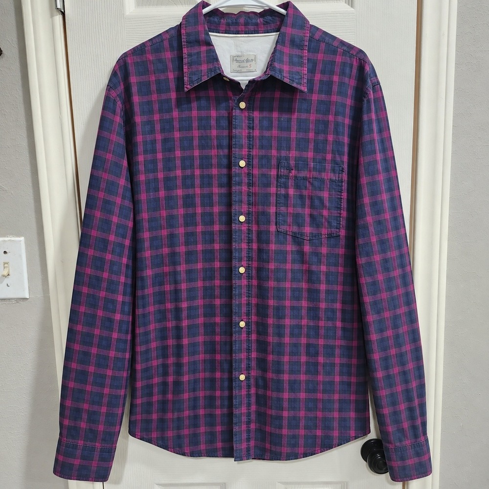 Angelo Litrico Mens Plaid Button Up Shirt Purple Navy Blue Cotton Size 5 Large